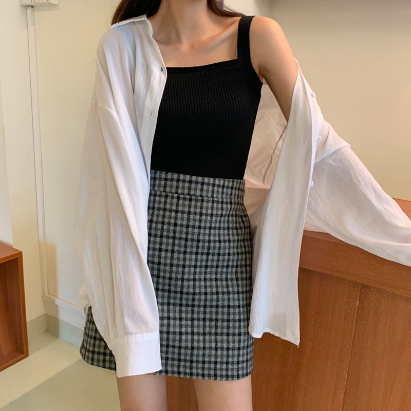 Feminin Tank Top Wanita Pakaian Atasan Tanktop Cewek Korea Rajut Square Neck Inner Wear-1