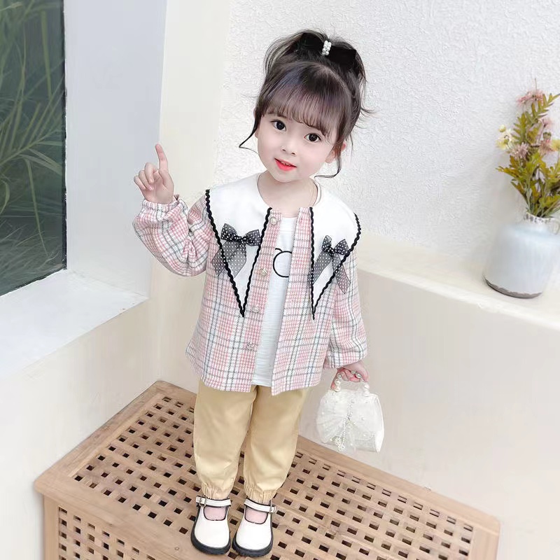 KF CAT Setelan Anak Perempuan  Fashion Kotak-Kotak Lengan Panjang+Blazer+Celana Panjang 3in1Korea Import Umur 1-4 Tahun-3