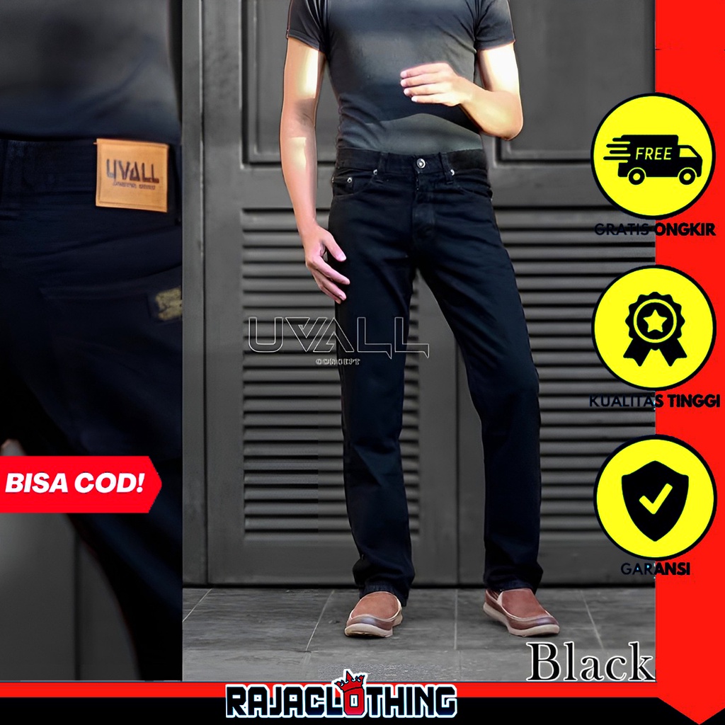 RCL - UVALL Best Seller Celana Jeans Pria Model Standar Lurus - Reguler Bahan Jeans Tebal - Celana Jeans Model Standar Regular Uvall Pria - Coklat Cream Biru Navy Hitam (28-38)