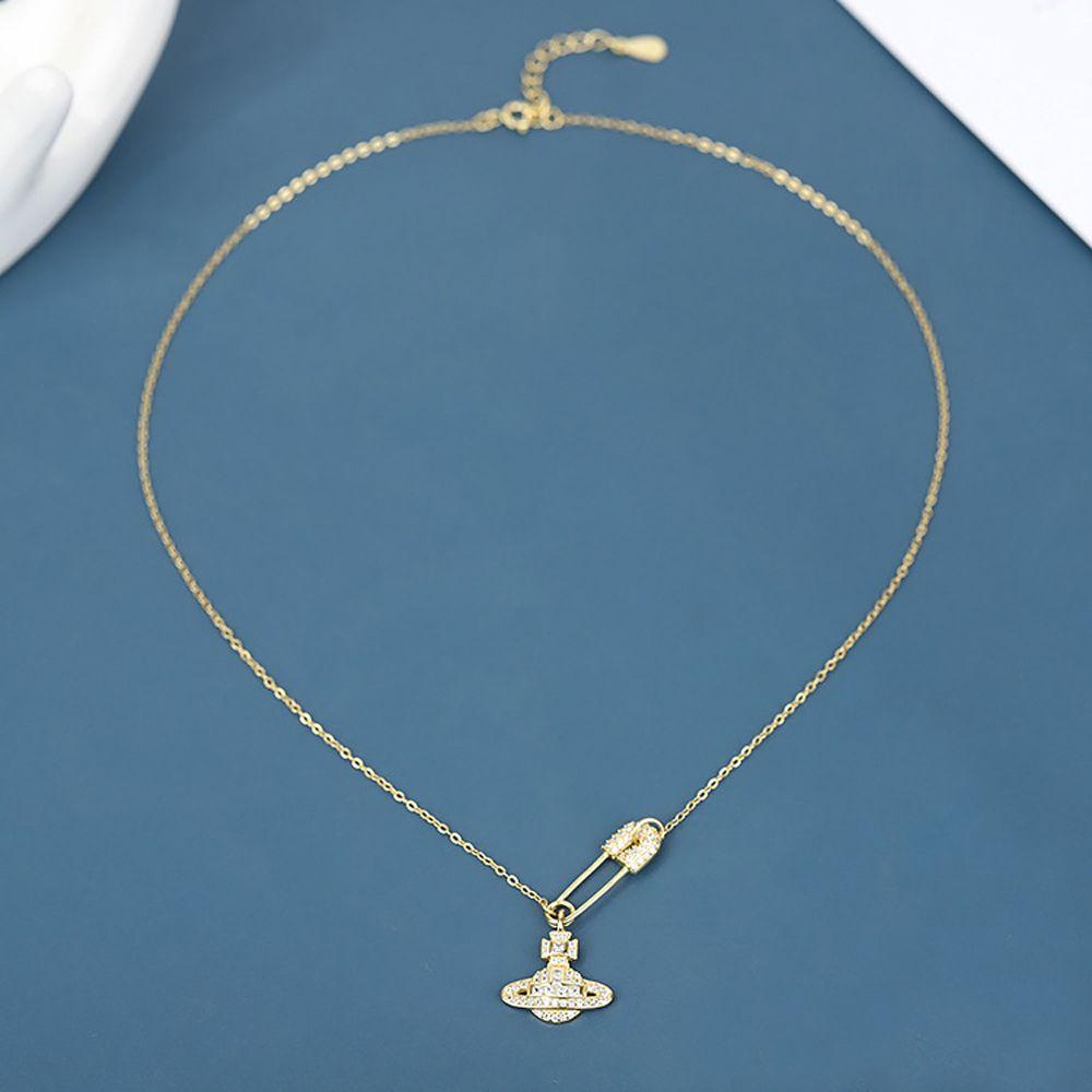 Needway Kalung Korea Elegan Manis Pin Untuk Cewek Planet Saturnus Zirkon Kristal Necklaces