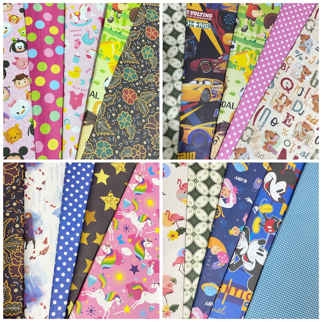 (5 Lembar - 5 Motif) SALE!! KERTAS KADO SANWA JUMBO BABY MICKEY UNICORN BATIK BABY FROZEN UNICORN CARS 70x100 EX SAMPLE/CONTOH