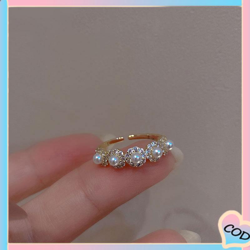 COD❤️Double-layer Retro Pearl Diamond Ring Niche Light Desain Mewah Cincin Dapat Disesuaikan Terbuka-A.one