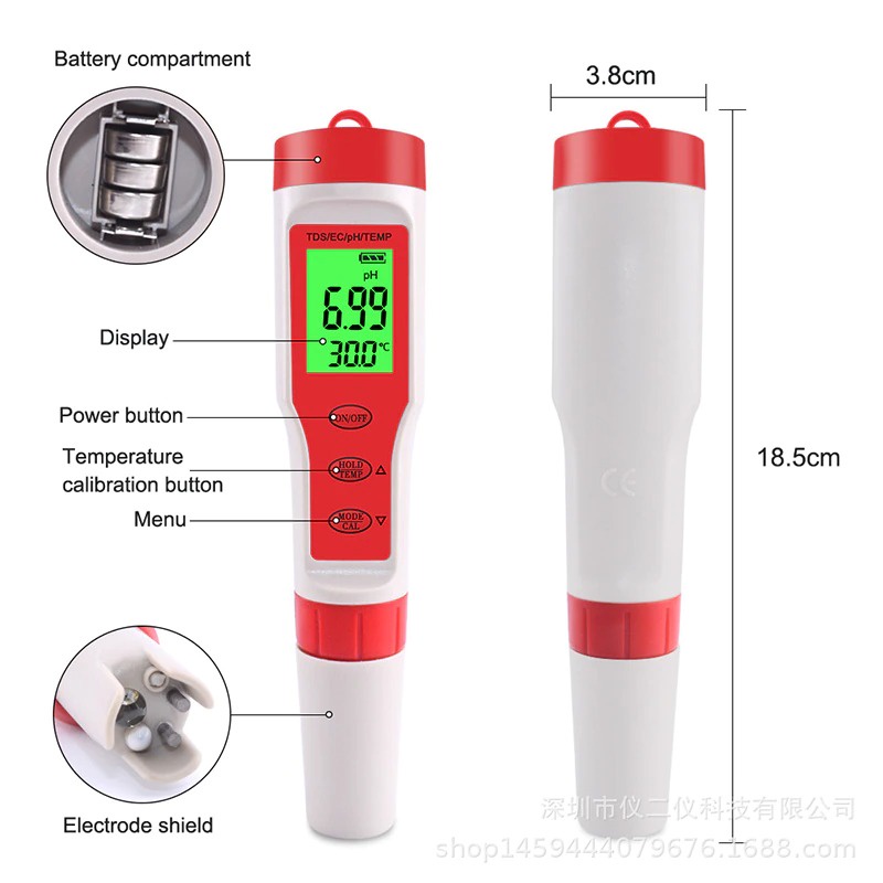 PH TDS EC Meter Temperature Meter Water Tester ATC Temp Suhu Waterproof