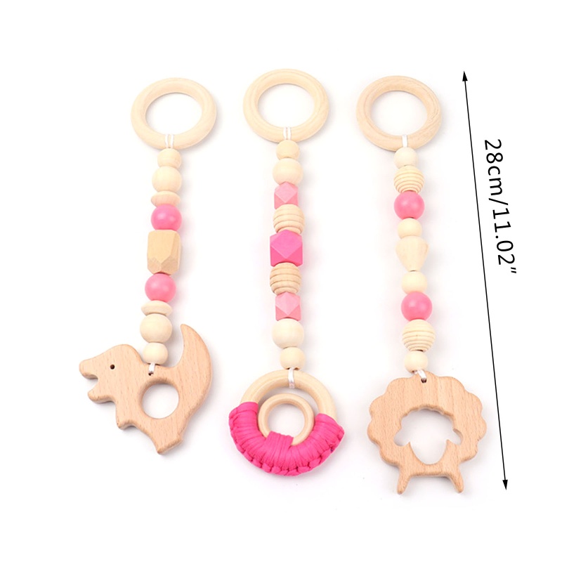 Mary 3pcs / Set Mainan Rattle + Teether + Ring Kayu Motif Kartun Hewan Domba / Dinosaurus Untuk Bayi / Stroller