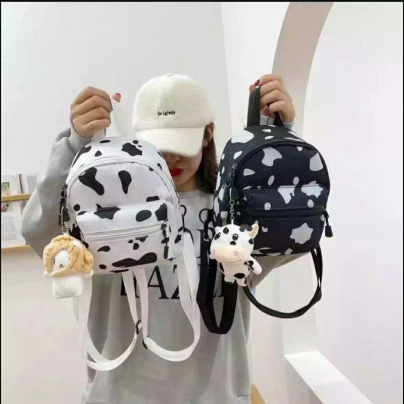 RULLY_Tas Ransel Perempuan Mini Terbaru Motip Sapi Lucu Backpack Mini Cow Milk tanpa boneka