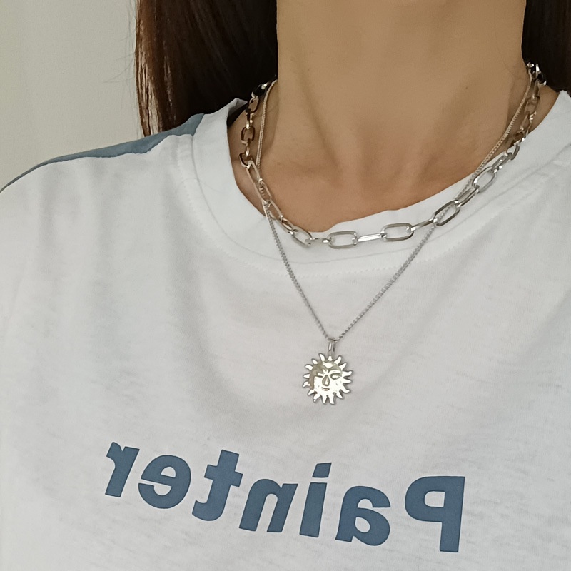 Retro double-layer Sun Kalung untuk wanita ins dingin gaya minimalis hip hop smiley face pendek lion
