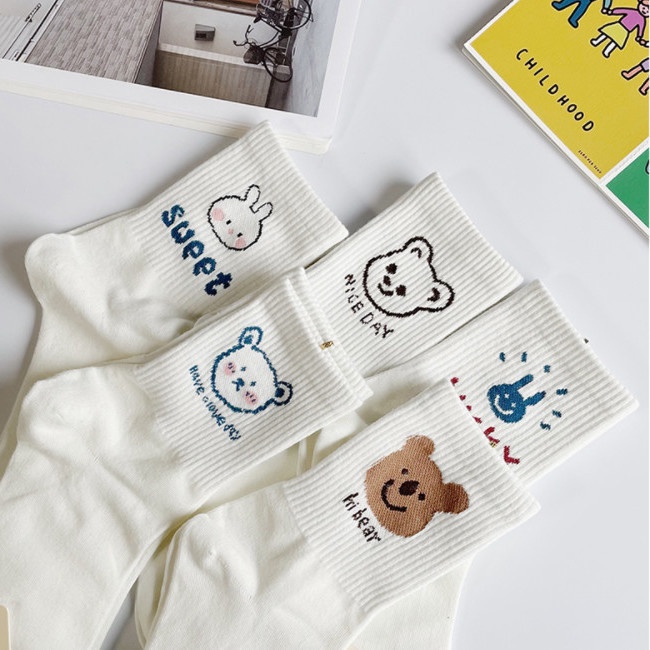 [littlecrab] Kaos Kaki Cartoon Putih Bear Rabbit Women Socks Kaos Kaki Berkualitas Putih Kaus Kaki Lembut Korean Style