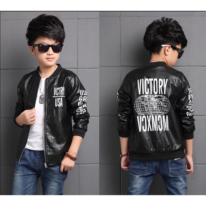 VICTORY Jaket Keren Fashion Bomber Anak Anak Kids Cewek Cowok Kulit Metalic Motif Premium Sleting An