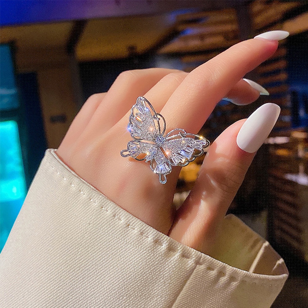 Cincin Jari Telunjuk Model Terbuka Desain Kupu-Kupu Bahan Tembaga Aksen Zirkon Warna-Warni Gaya Korea Untuk Wanita