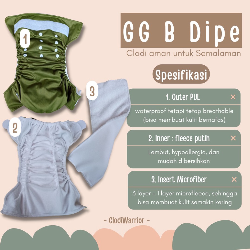 GG B DIPE Clodi Allsize type Pocket Inner Gusset Cegah Bocor Samping Popok kain Bayi Cuci Ulang BB 3-15 kg