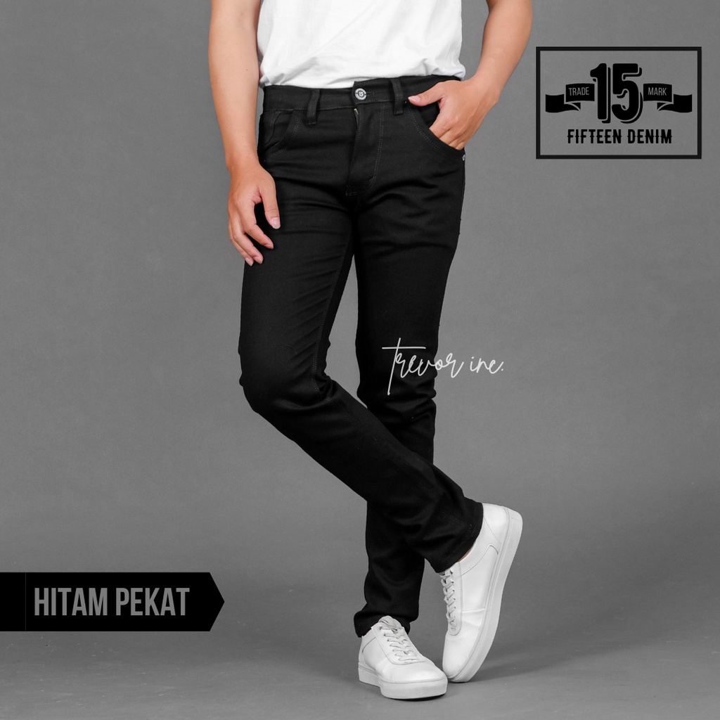 FIFTEEN DENIM - Celana Jeans Pria Slim Fit Streetch Original New Fifteen Denim / Celana Jeans Hitam-Hitam Pekat