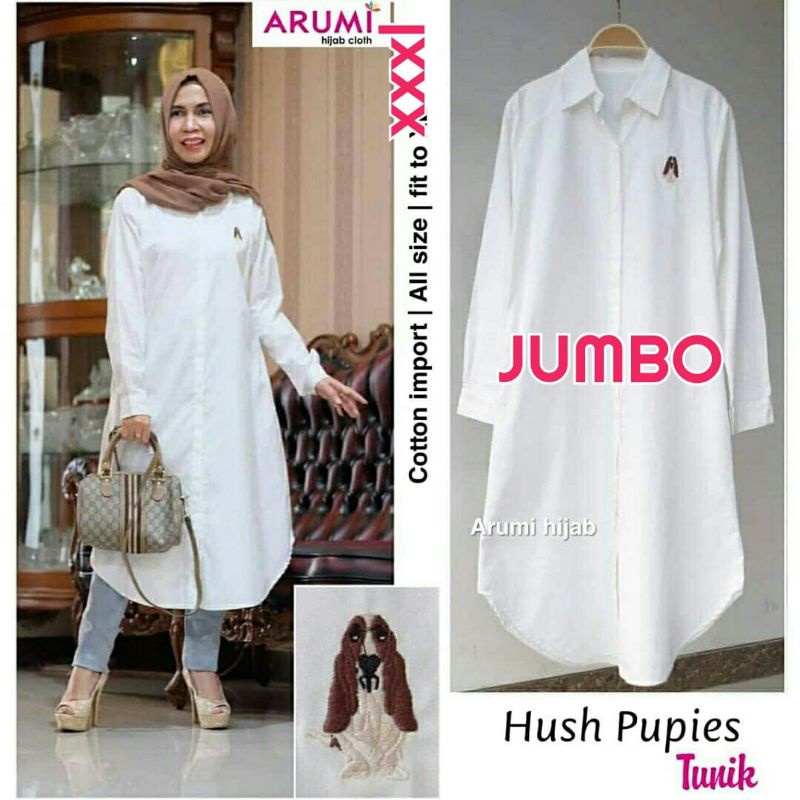Jumbo Hush Pupies Tunik warna white putih polos l bahan katun import ukuran big size XXXL kancing ak