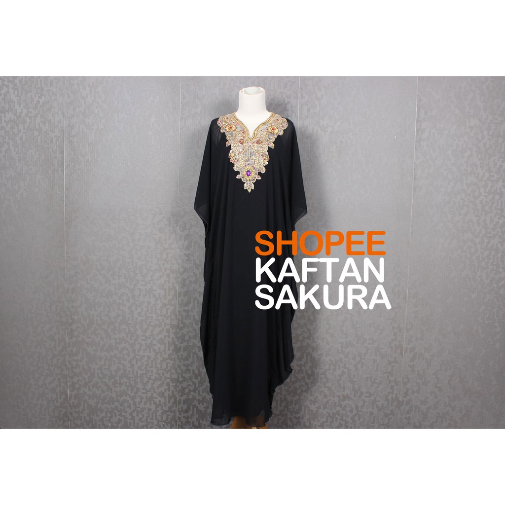  Kaftan  Payet Mewah Gold Bahan Chiffon Warna Hitam Modern 