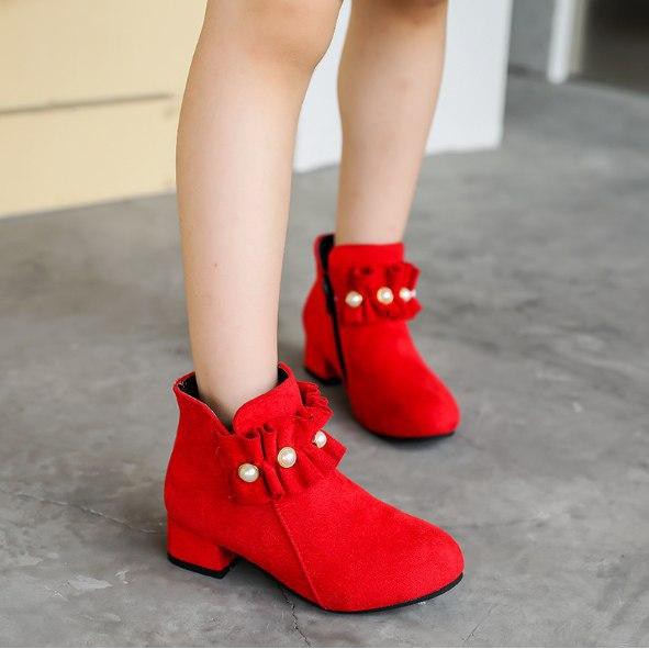 Sepatu Boot Anak Import Ruffle Pearl Mini Wedges Red Merah-SHOG 0296