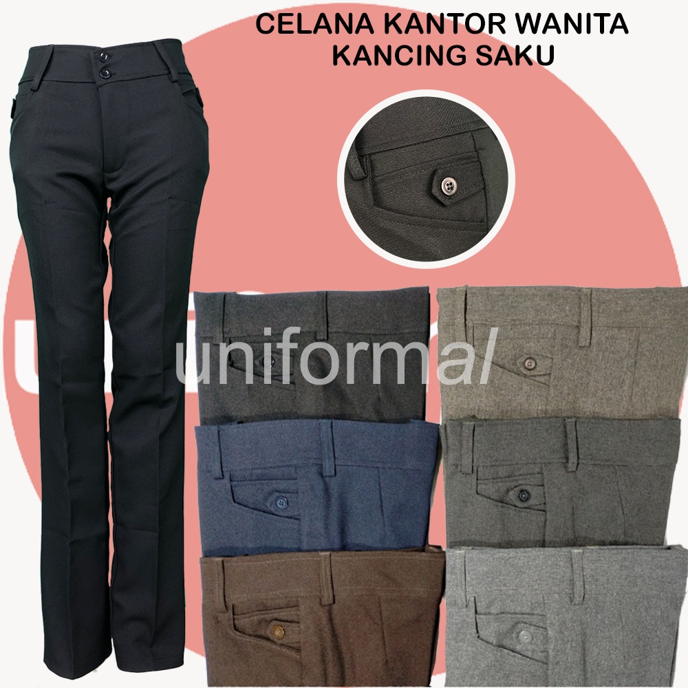Celana Kantor Wanita Kerja Kancing Saku Ukuran S M L XL Bahan Gabardine Hitam Cream Abu Navy Mocca / Dasar / Formal / Kantor / Kantoran / Lurus / Slimfit / Termurah / Terlaris Murah