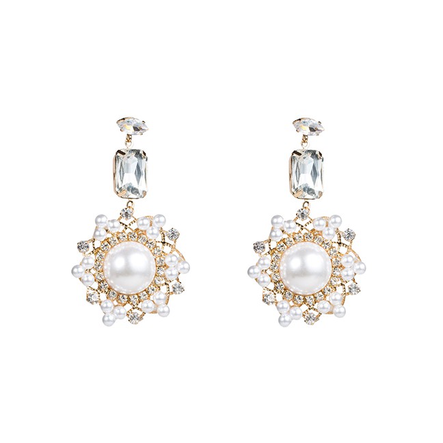 LRC Anting Tusuk Fashion White S925 Silver Needle Acrylic Diamond Imitation Pearl Flower Earrings