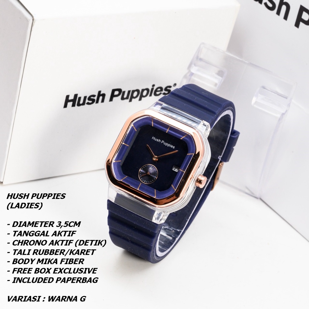 JAM TANGAN WANITA HUSH PUPPIES TALI RUBBER BODY SEGI TANGGAL &amp; CHRONO AKTIF