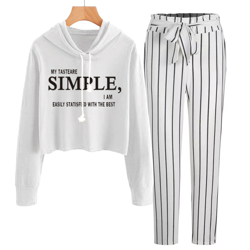 BESS - Baju Setelan Wanita Murah / Setelan Hoodie Crop + Celana Salur Putih - SIMPLE