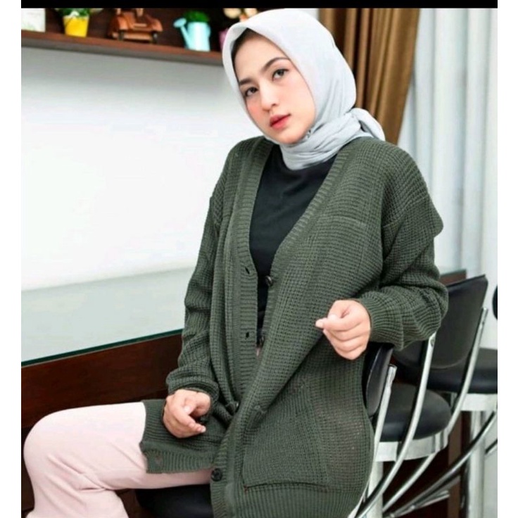 MARISKA CARDIGAN OVERSIZE RAJUT LENGAN PANJANG WANITA BAHAN TEBAL KANCING 5 OUTER KARDIGAN KEKINIAN-Army
