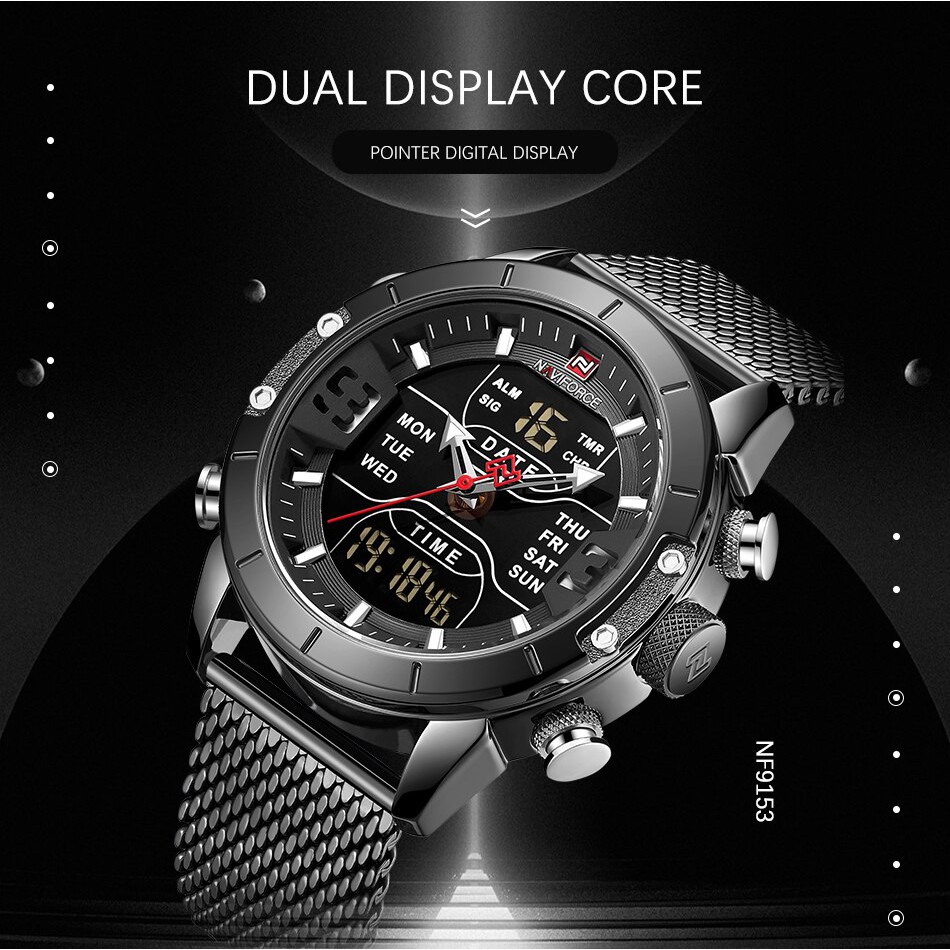 Jam Tangan Pria NAVIFORCE 9153 Analog Digital Premium Stainless Mesh Band Luxury Water Resistant