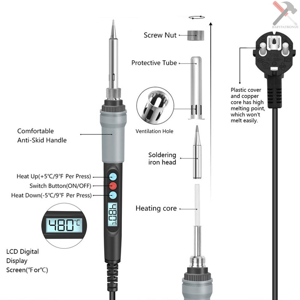 Handkit Solder Besi Elektrik 90W Suhu Konstan 180-480℃ Setrika Listrik Dengan Layar LCD Digital Suhu Dapat Disesuaikan ℃/℉ Setrika Listrik Konversi 220V