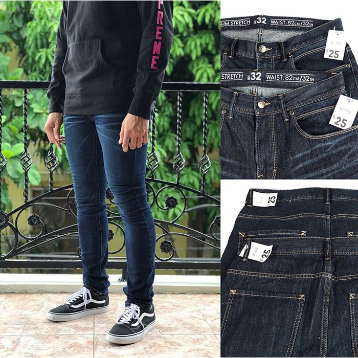 Celana Jeans Uniqlo GU Faded Denim DarkBlue Slim Stretch 100% Original