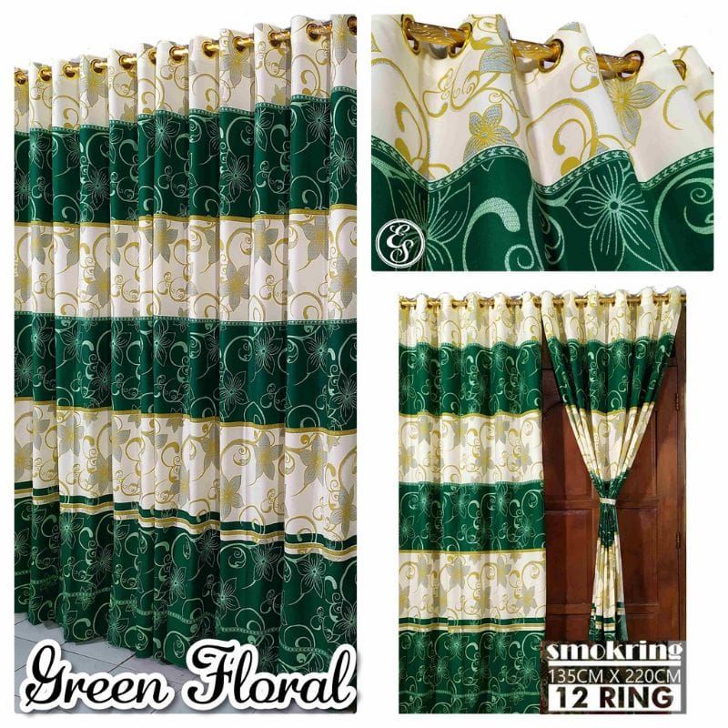 Korden Smokering 12 Lubang Motif Bunga Green Floral / Tirai Pinti Jendela Minimalis