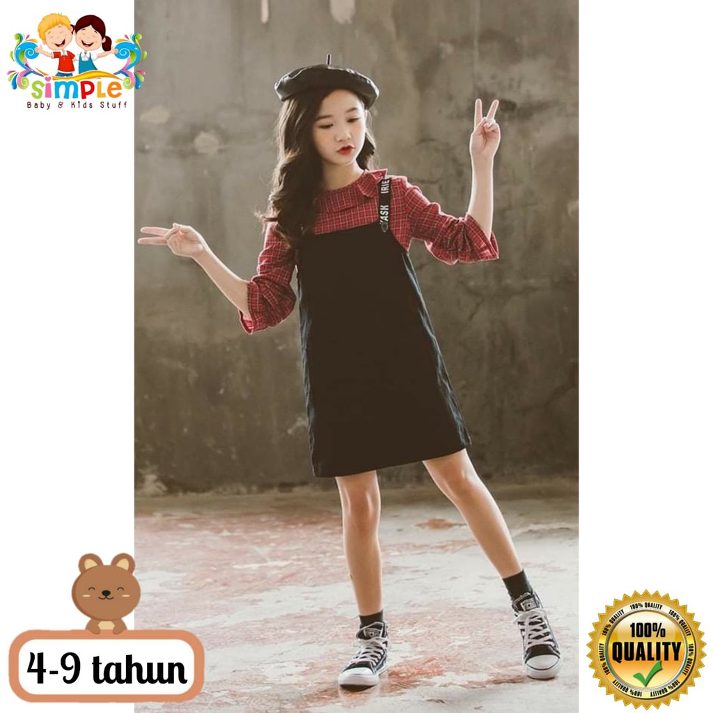 Setelan Baju Overall Anak Perempuan Impor Fashion Merah Hitam Size 4-9 Tahun