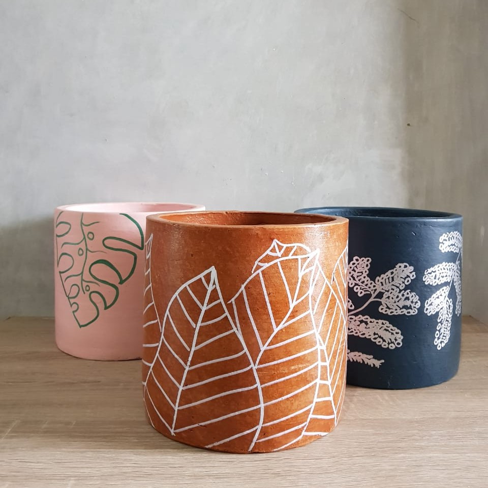 Pot Tanaman  Warna Lukis Gambar Unik Silinder Tabung Terracotta Terakota Tanah Liat Gerabah Tembikar