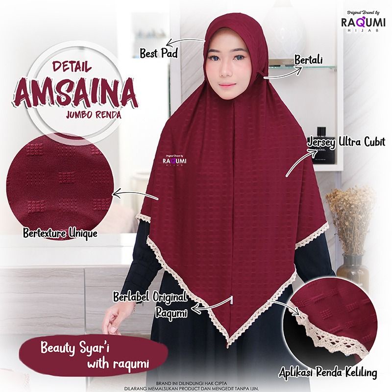 AMSAINA JUMBO RENDA ORIGINAL RAQUMI | JILBAB JERSEY RENDA | JILBAB MAROON | JILBAB JUMBO