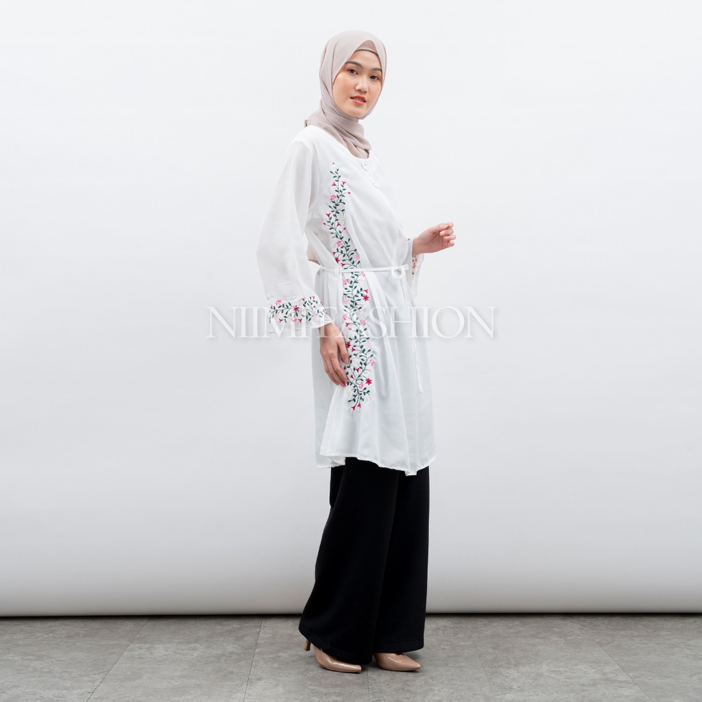 NIMI - Abira Blouse Putih Midi Dres Putih Bordir Premium Atasan Long Tunik Putih Jumbo Bordir