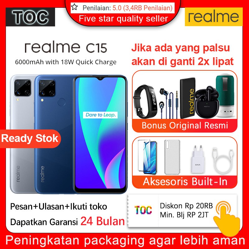 Promo Cuci Gudang Hp  realme c15 RAM 4GB ROM 64GB Garansi Resmi Original Handphone Termurah realme