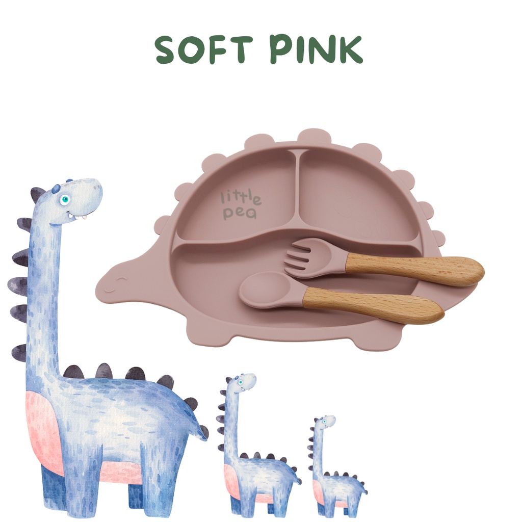 Little Pea Dinosaur Suction Silicone Plate | Piring Silikon Dino dengan suction-Soft Pink