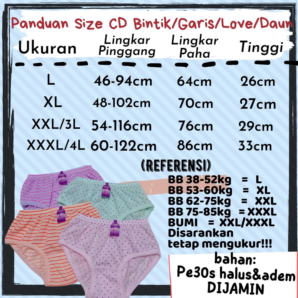 Celana Dalam Wanita Jumbo Motif Bintik Garis Daun 4L 3L XL L CD Wanita Perempuan Jumbo Motif Ecer Strip Polkadot Daun Love