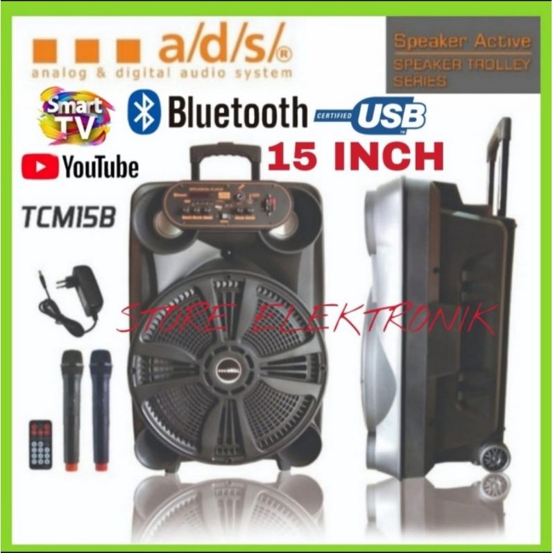 Speaker Portable ADS TCM15B 15 inch Trolley Karaoke Smart Tv Bluetooth Original