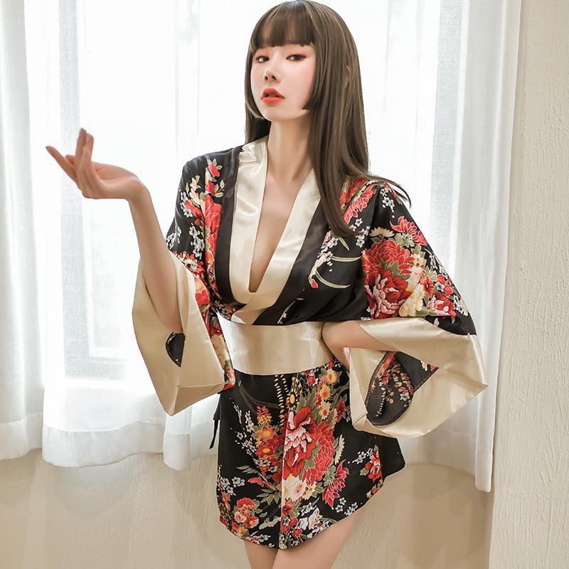 (COD) Set Kimono Wanita Sexy Thong Dicetak Lingerie Sexy Jepang Cosplay Lingerie A507-