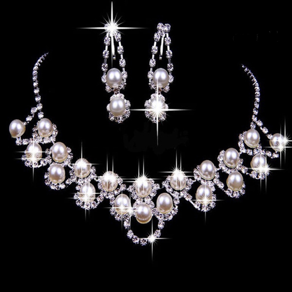 OW@ Women Palace Style Rhinestone Faux Pearl Pendant Necklace Earrings Jewelry Set