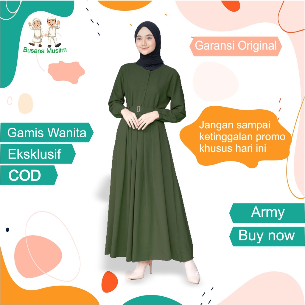 Fashion Baju Gamis Dewasa Wanita Muslim Dress Cantik Kekinian Murah Terbaru 2021 Warna Hijau Army
