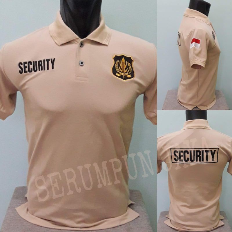 KAOS SECURITY KREM - KAOS KERAH SECURITY KREM LOGO KUNING - KAOS SECURITY FULL BORDIR.