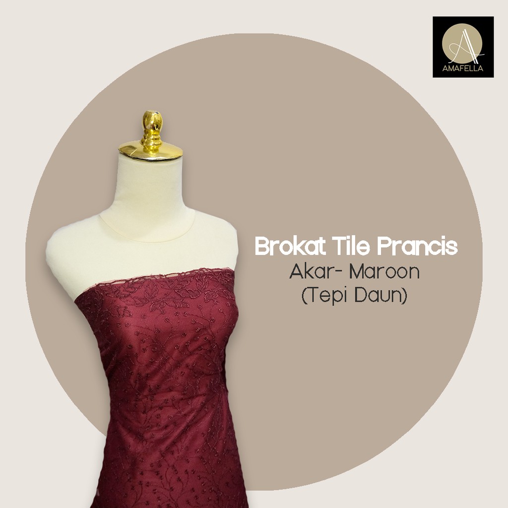 1/2 meter Kain Brokat Tile Prancis Bahan Kebaya Motif Akar Maroon