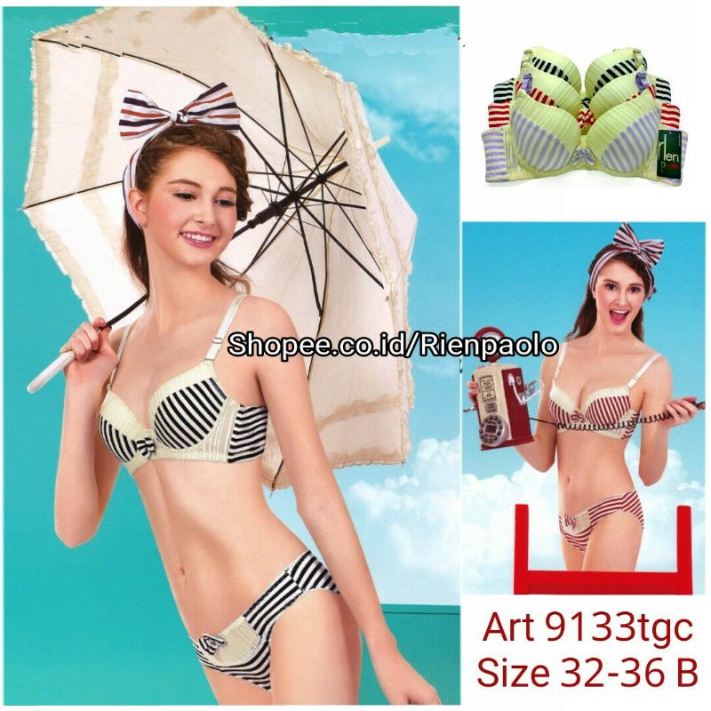 Bra BH Celana Dalam CD G String Lingerie Set Sexy Hot Premium Kawat Motif Salur  Lucu Import Rien Pa
