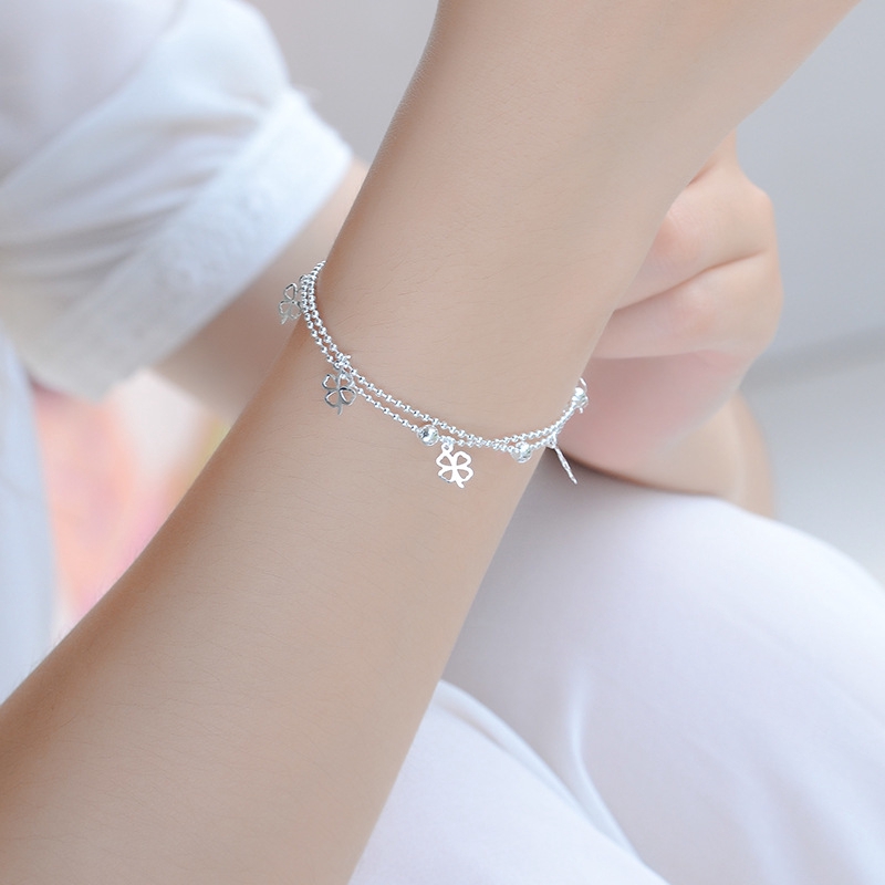 925 silver Double layer Women Bracelet AnkletFour-leaf clover tassel pendant  Accessories Chain Jewelry Gift