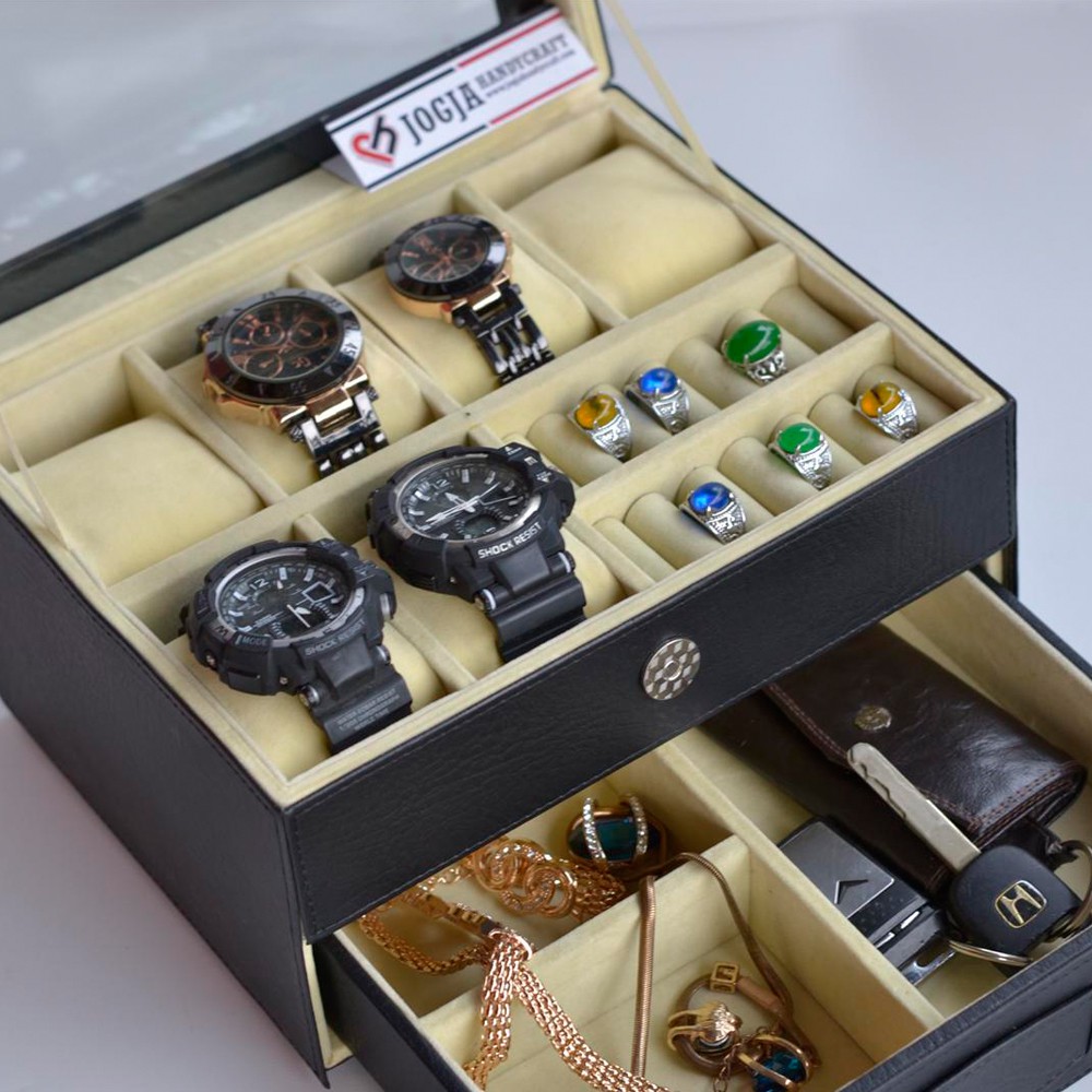 Kotak Tempat Jam Tangan Sport &amp; Tempat Perhiasan Hitam Cream / Watch Box