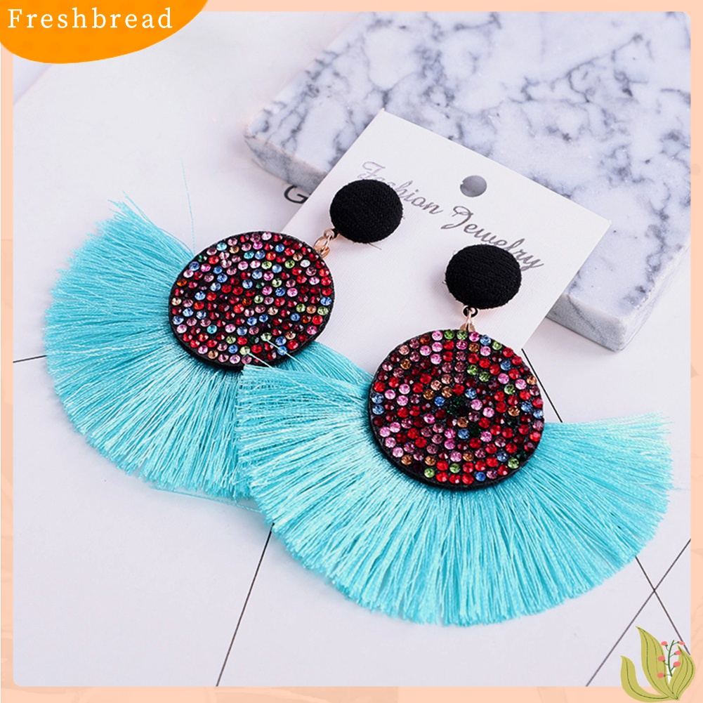 Terlaris Bohemia Women Fan Shape Tassel Rhinestone Inlaid Ear Stud Earrings Jewelry Gift
