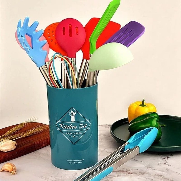 Silicone utensil set 14 pcs / peralatan masak sutil spatula silikon - warna Rainbow