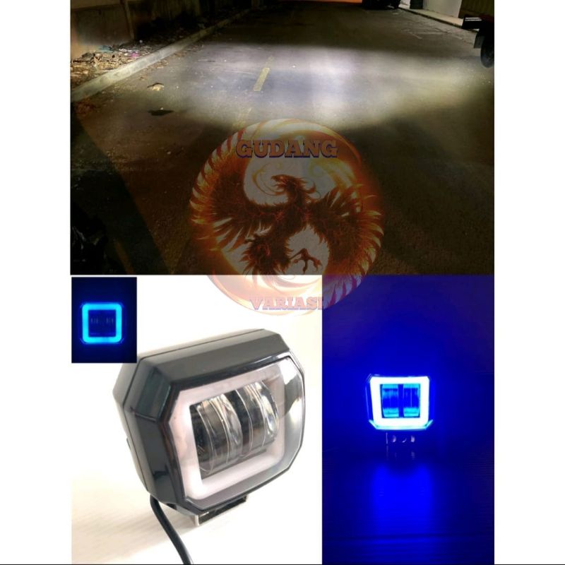 LAMPU TEMBAK DAYMAKER PROJECTOR MINI 2 LENSA KOTAK DAN BIRU PLUS SENJA BIRU MERAH PUTIH