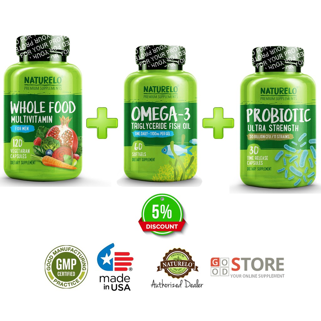 PAKET NATURELO : Whole Food Men 120c + Omega-3 60sg + Probiotic 30c