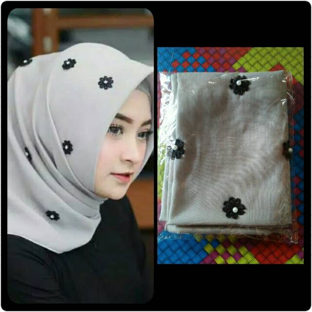 jilbab segi empat motif bunga melati hitam