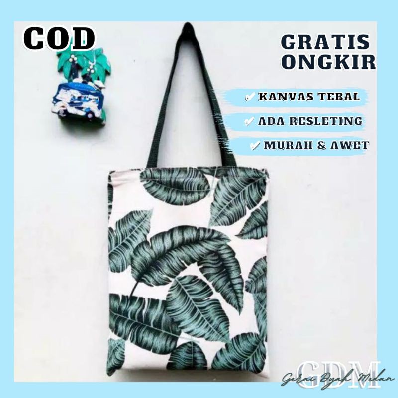 Tas Totebag Tote Bag Kanvas Canvas Resleting Tebal Motif Floral Daun Fashion Wanita Murah Kekinian