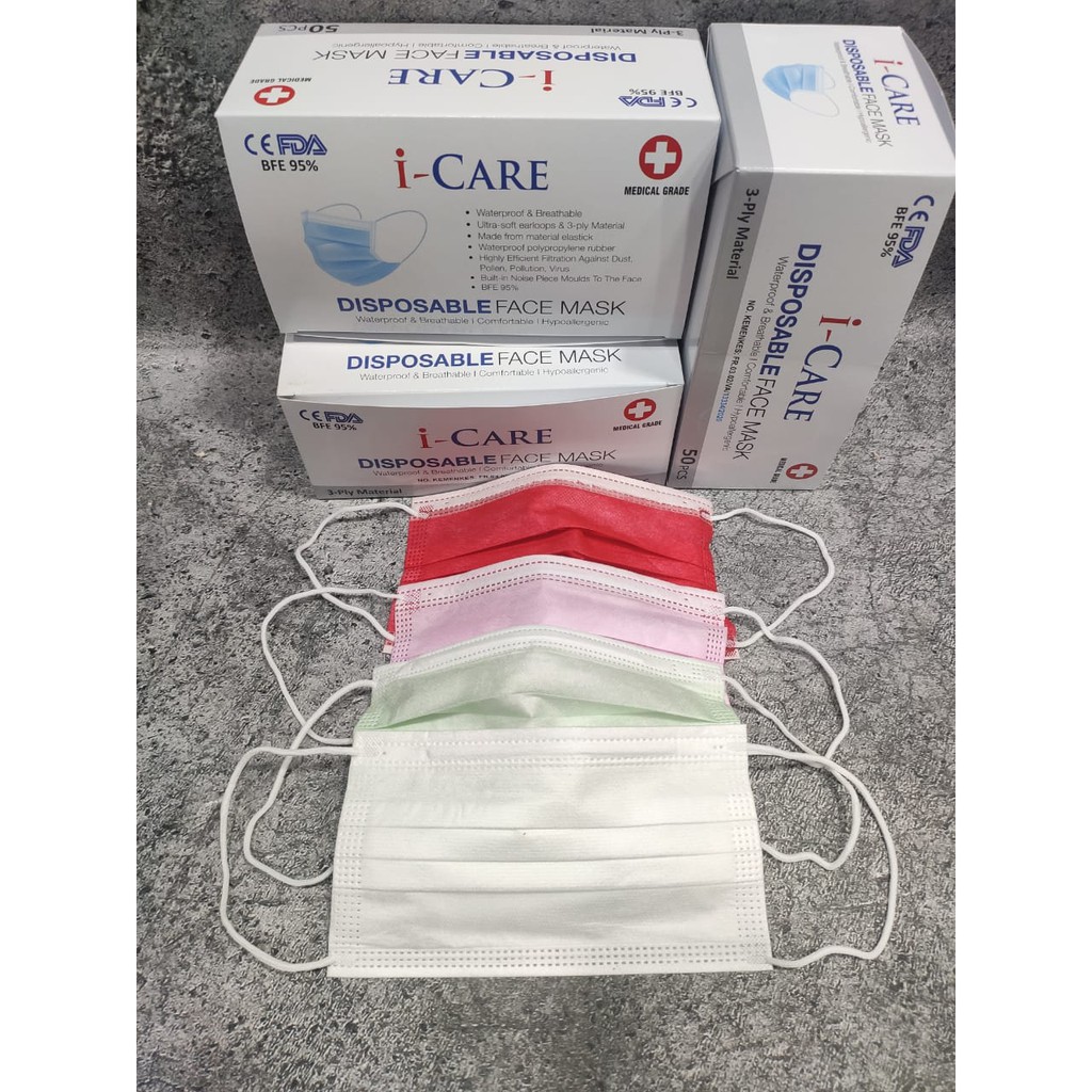 MASKER 3PLY ICARE I CARE EARLOOP KEMENKES WARNA PINK MERAH HIJAU PUTIH ABU HITAM BIRU